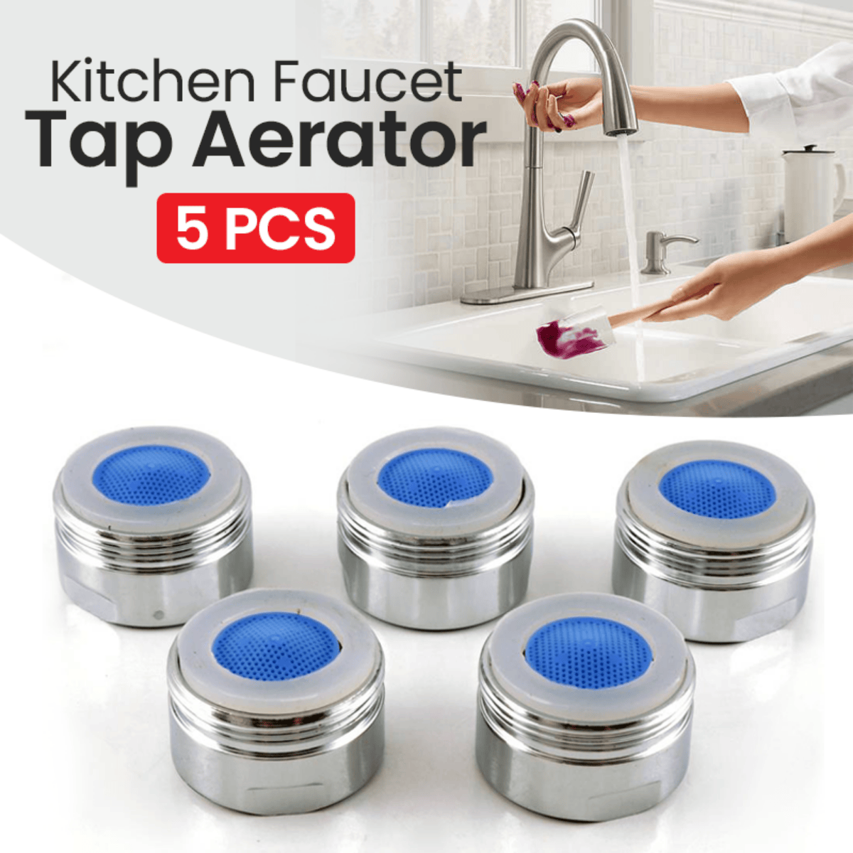 Water Saving Male Faucet Aerator J-004M, 24mm Faucet Filter with Gasket & Wrench - for Kitchen Bathroom Silver (5 Pcs Pack)